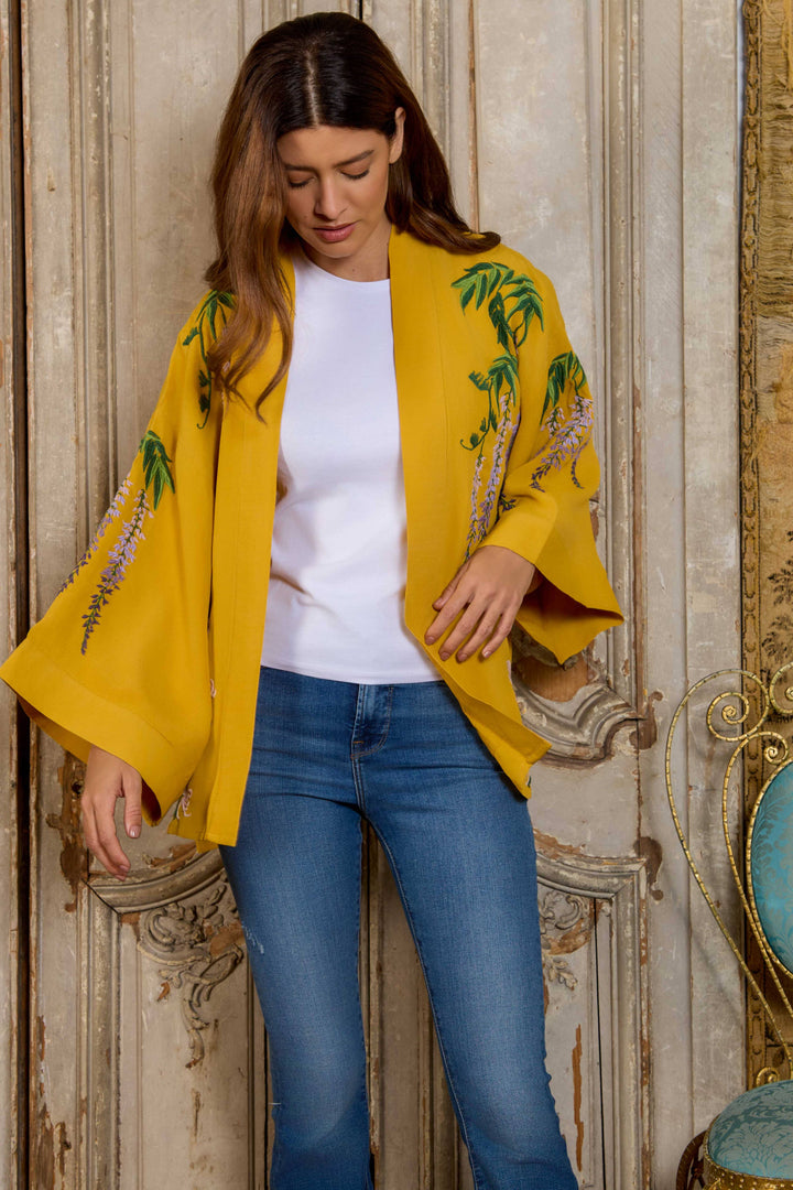 Wisteria & Chrysanthemum Embroidered Mustard Fully Lined Short Kimono