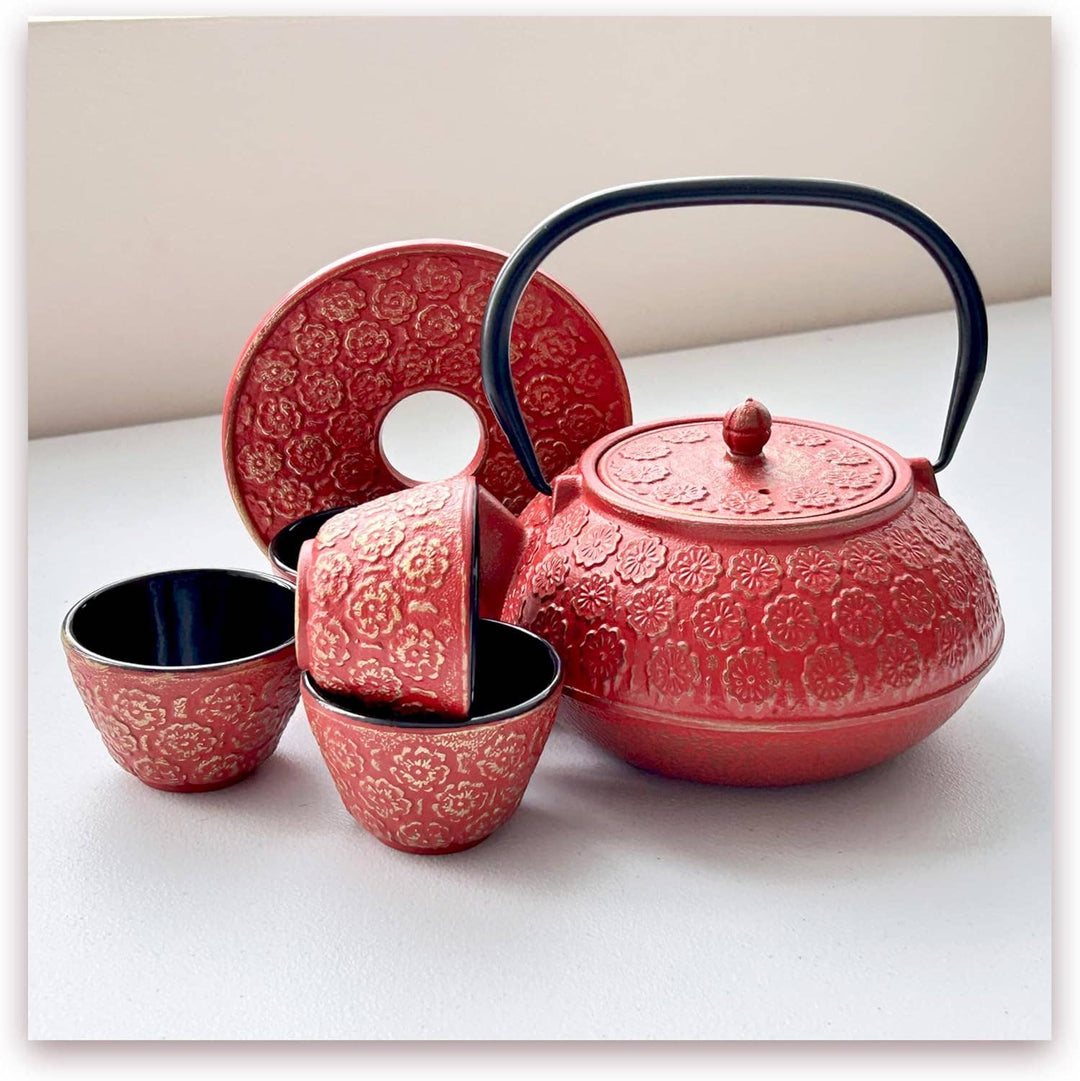 1.0 Liter Enamel Coated Cast Iron Sakura Blossom Teapot Set