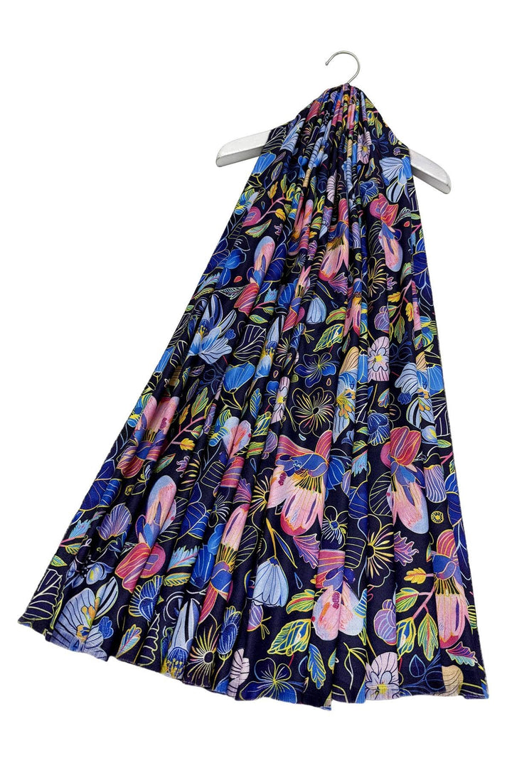 Colourful Orchid Print Wool Frayed Scarf