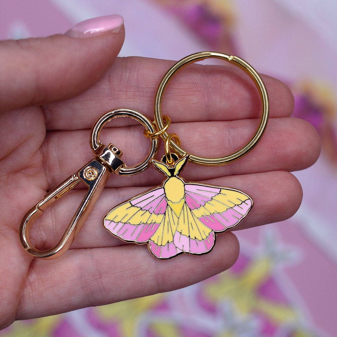 Rosy Maple Moth Enamel Keychain with Key Clip