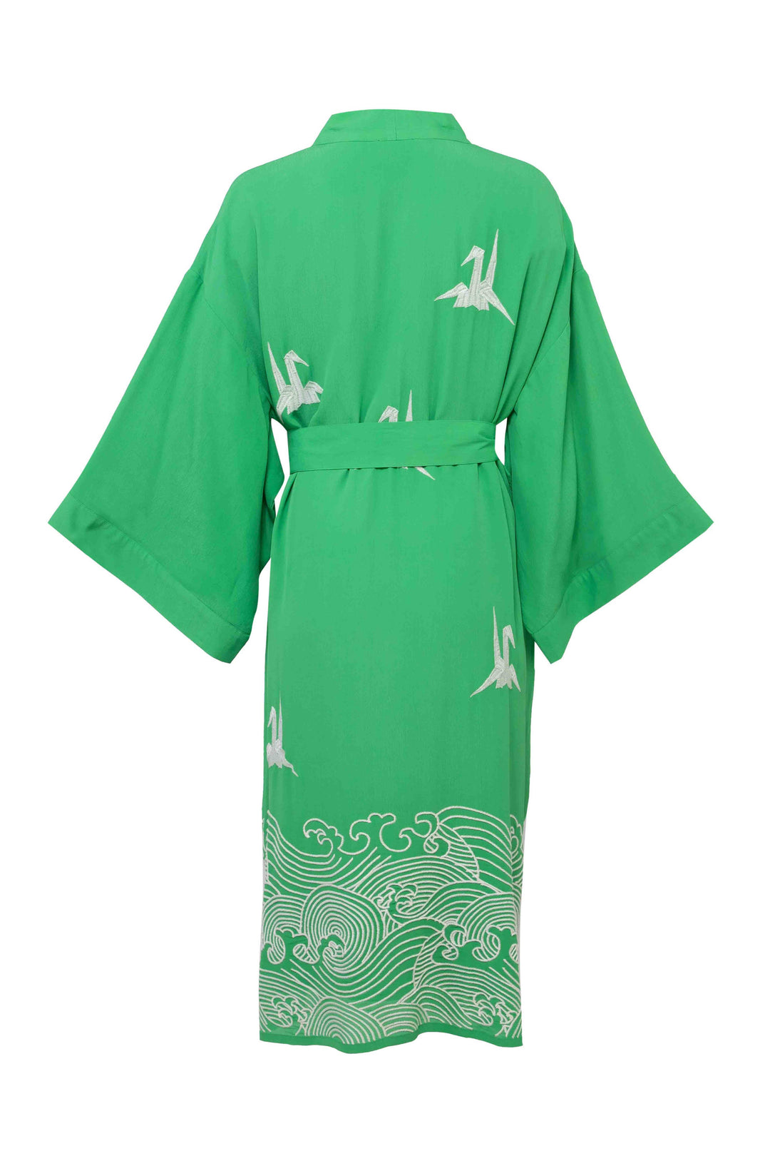 Origami and Hokusai Wave Embroidered Fully Lined Island Green Long Kimono