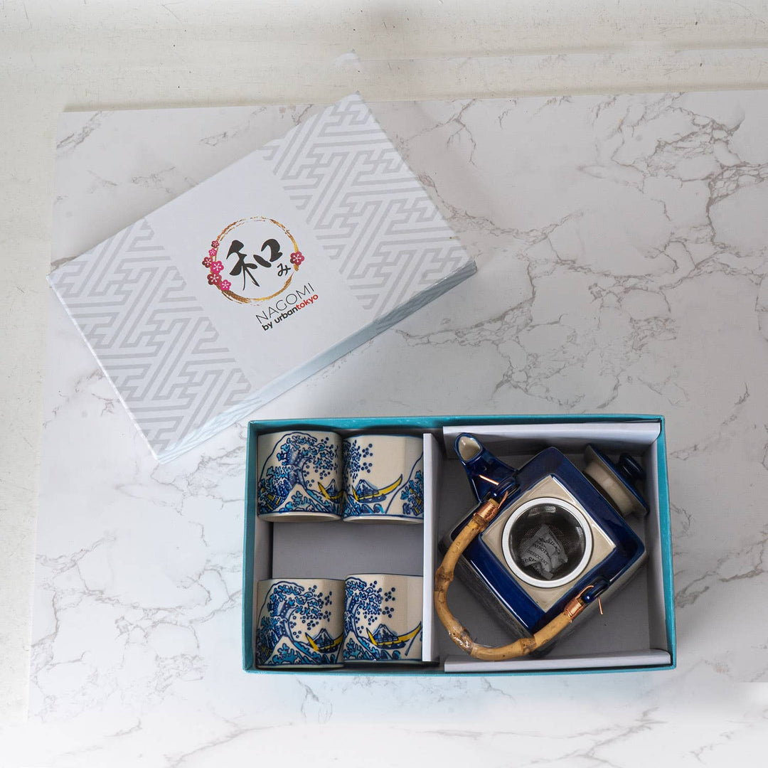 Great Wave Tea Set 20oz Tea Pot with 4 Hexagon Cups