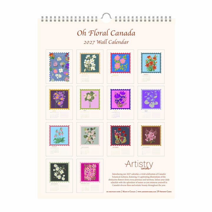Oh Floral Canada 2027 Botanical Stamp Wall Calendar