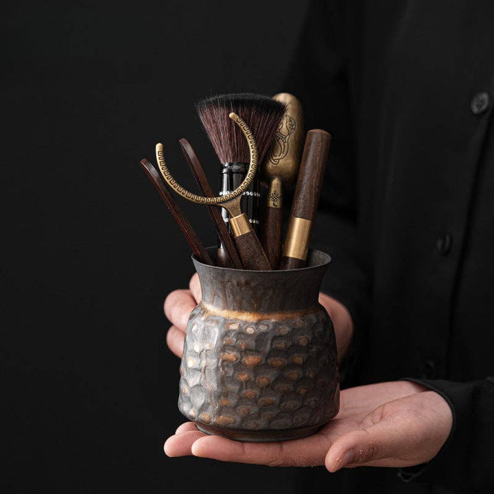 Wooden Gongfu Tea Tools Set with Black Gold Holder