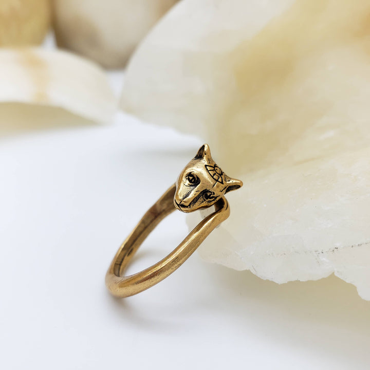 Egyptian Cat Ring Antique Gold Finish, Adjustable