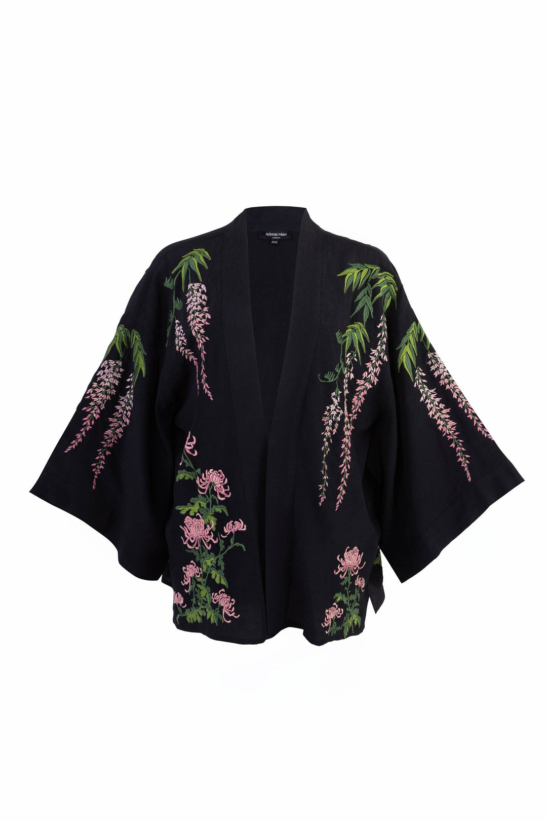 Wisteria & Chrysanthemum Embroidered Black & Pink Fully Lined Short Kimono