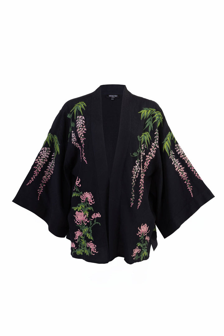 Wisteria & Chrysanthemum Embroidered Black & Pink Fully Lined Short Kimono