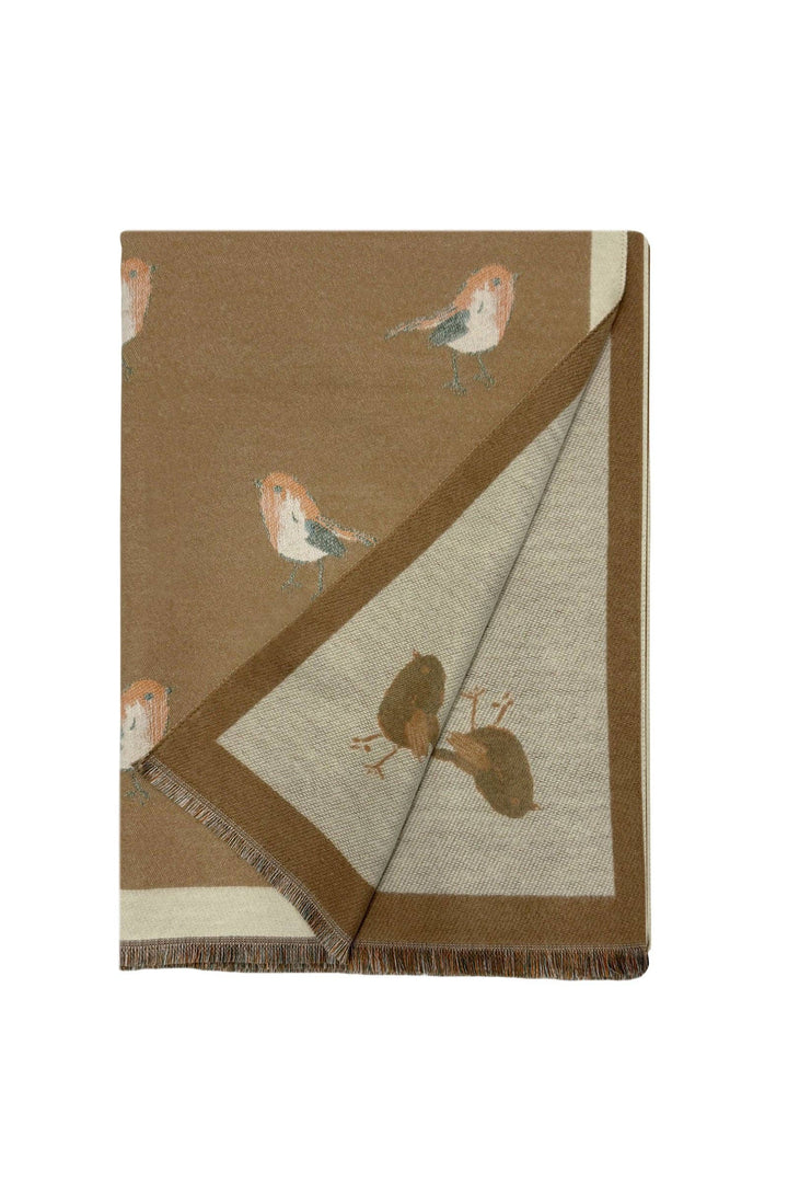 Robin Bird Print Wool Frayed Scarf