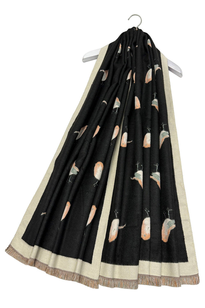 Robin Bird Print Wool Frayed Scarf