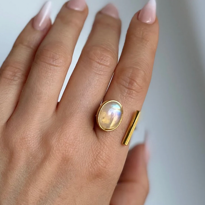Rainbow Moonstone Ring | 10x13mm Oval | GF | Adjustable