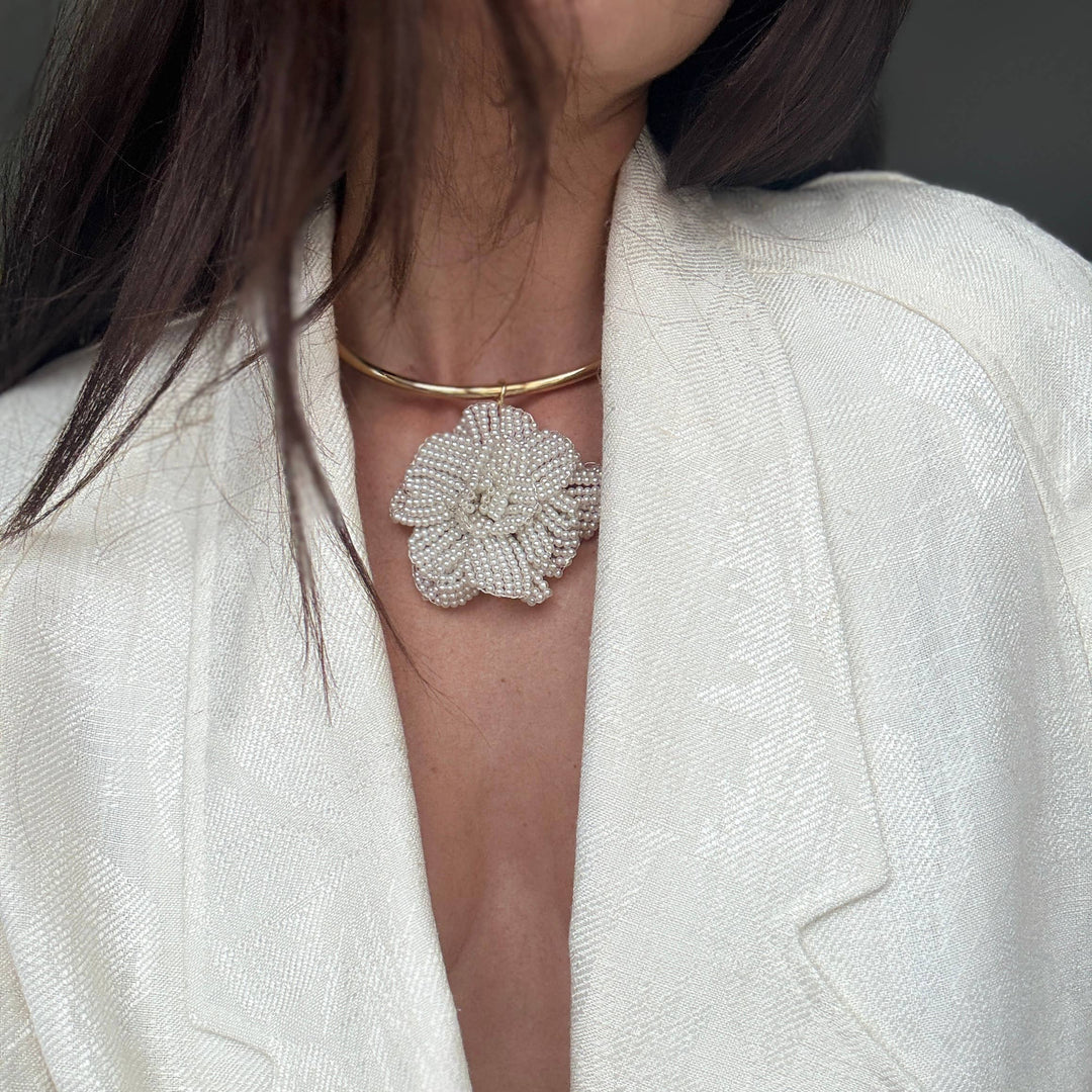 Genuine Pearl Beaded Floral Apliqué Choker