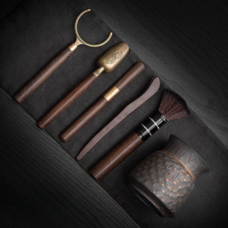 Wooden Gongfu Tea Tools Set with Black Gold Holder
