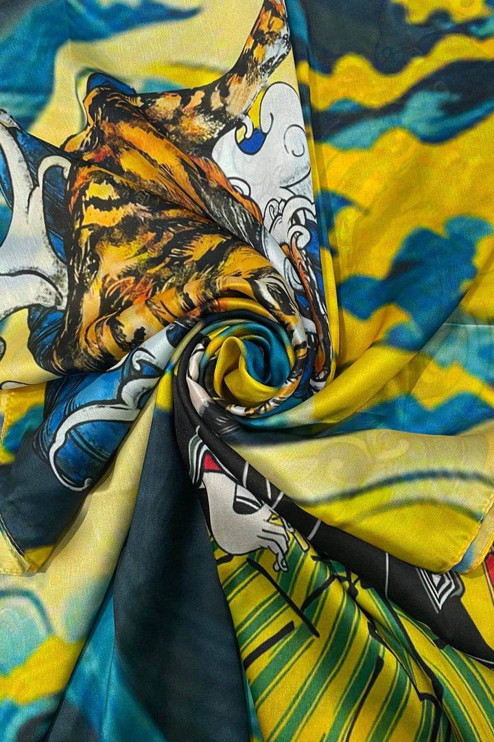 Japanese Tiger and Samurai Warrior Print Silk Scarf