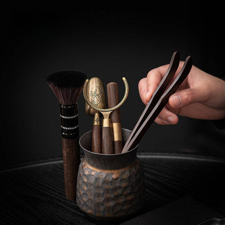 Wooden Gongfu Tea Tools Set with Black Gold Holder