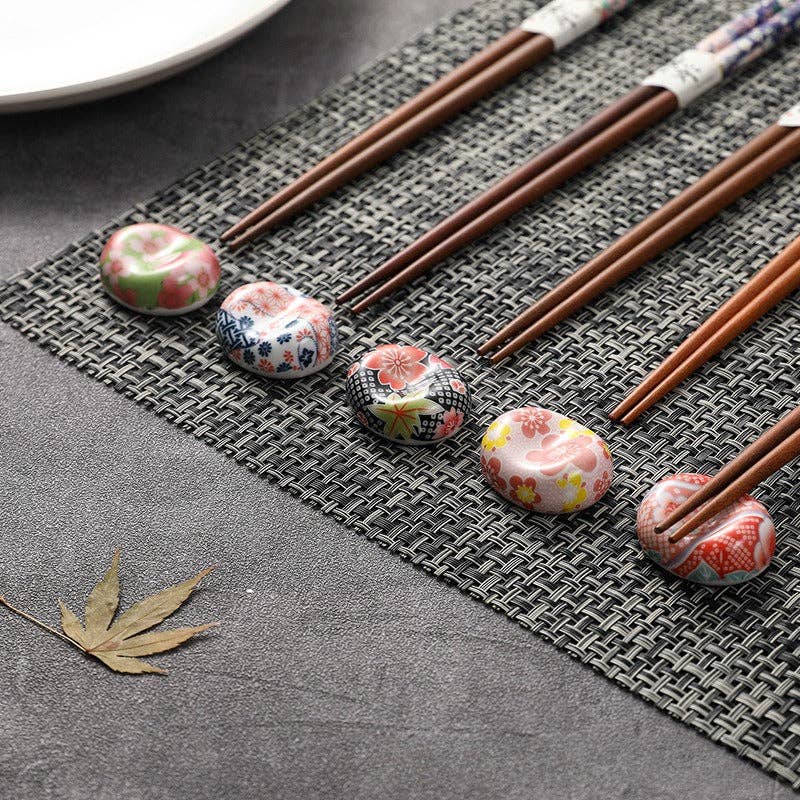 Set of 5 Pairs of Japanese Cherry Blossom Wooden Chopsticks and Rests