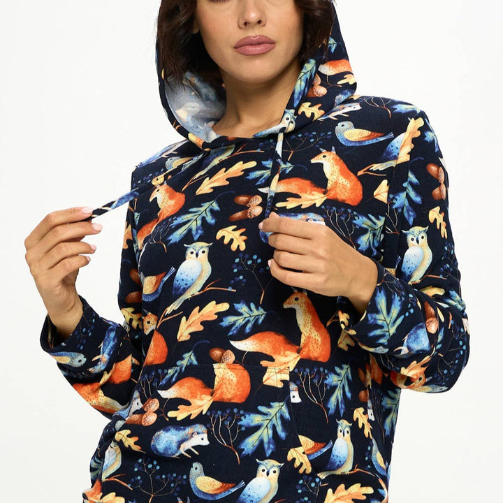 Woodland Animal Print Hoodie With Pocket