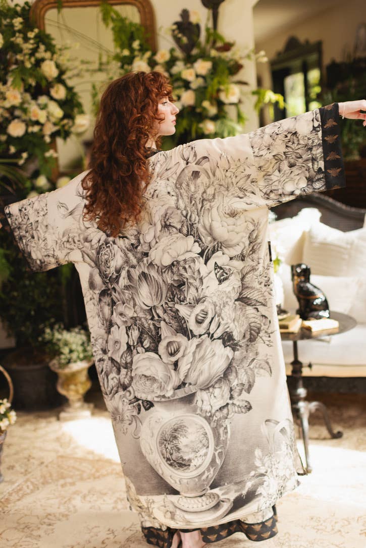 Honey & The Moon Opera Duster Kimono Robe w/ Florals & Bees