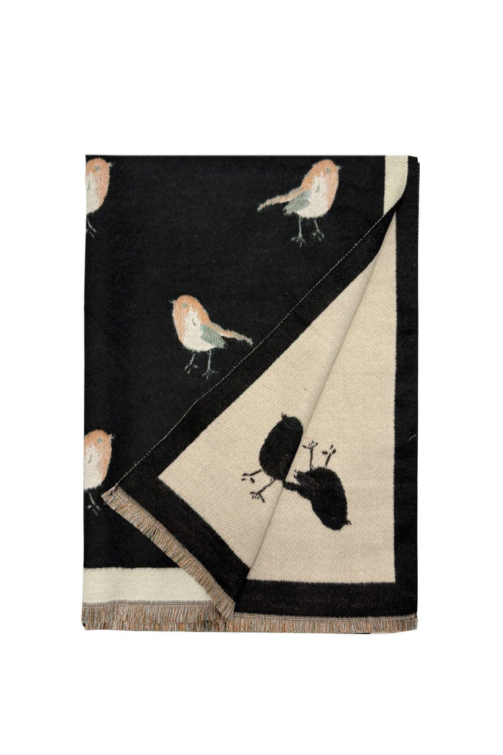 Robin Bird Print Wool Frayed Scarf