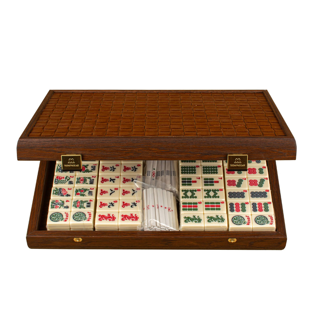 Premium Mahjong Tiles Set in Knitted Leather Wooden Case