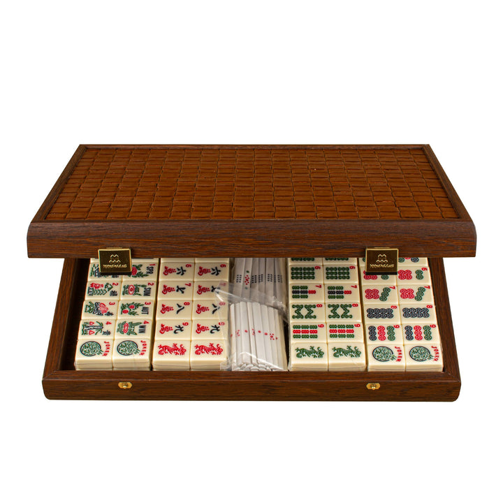 Premium Mahjong Tiles Set in Knitted Leather Wooden Case