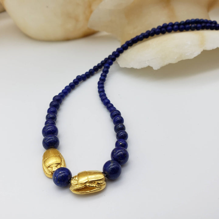 Graduated Lapis Scarab Necklace - Egyptian Inspired