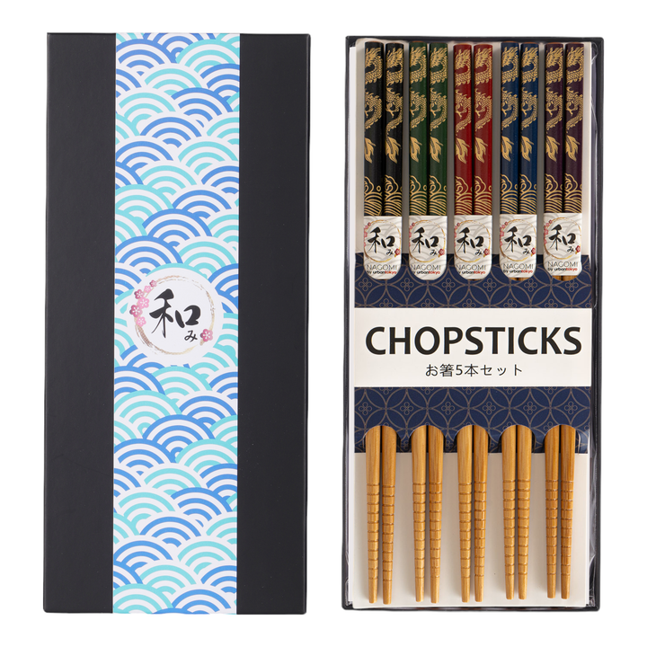 5 Piece Chopsticks Set Dragons With Gift Box