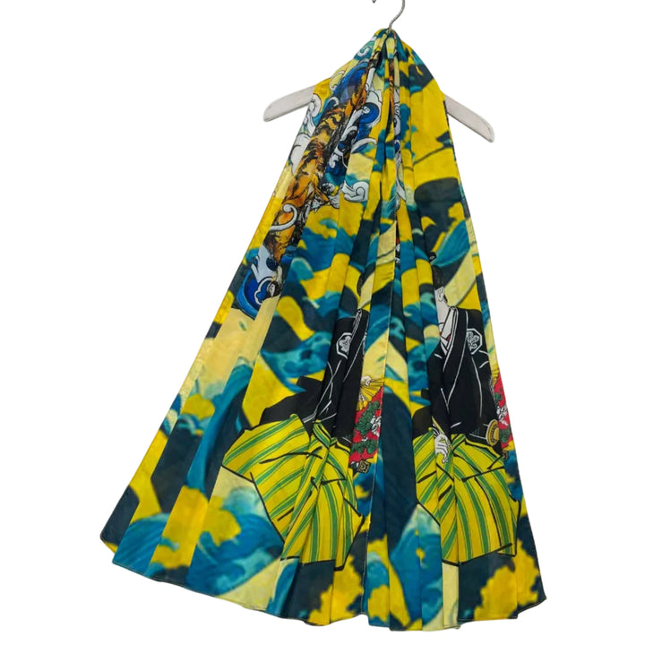 Japanese Tiger and Samurai Warrior Print Silk Scarf