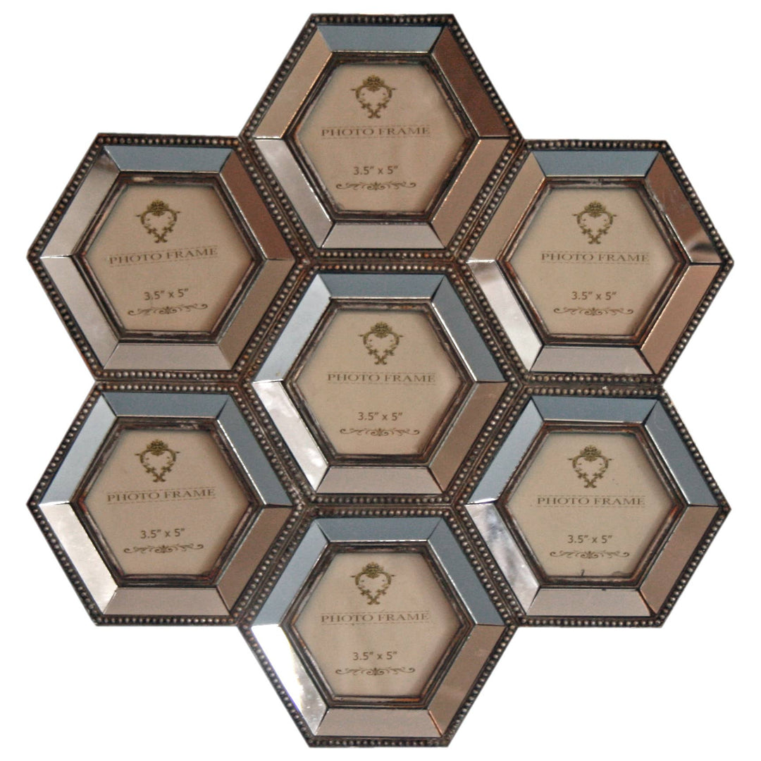 Seven Hexagon Mirrored Beaded Multi Photo Frame Cluster