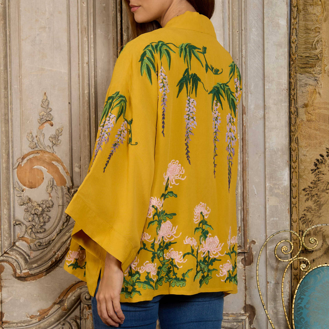 Wisteria & Chrysanthemum Embroidered Mustard Fully Lined Short Kimono