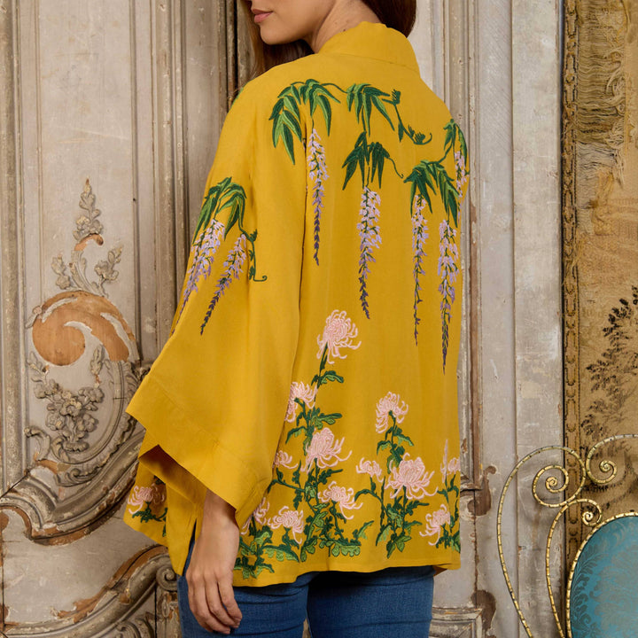 Wisteria & Chrysanthemum Embroidered Mustard Fully Lined Short Kimono