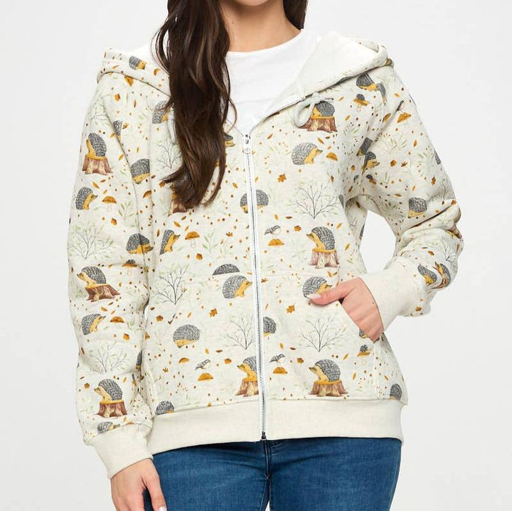 HEDGEHOG MUSHROOM PRINT ZIP UP HOODIE