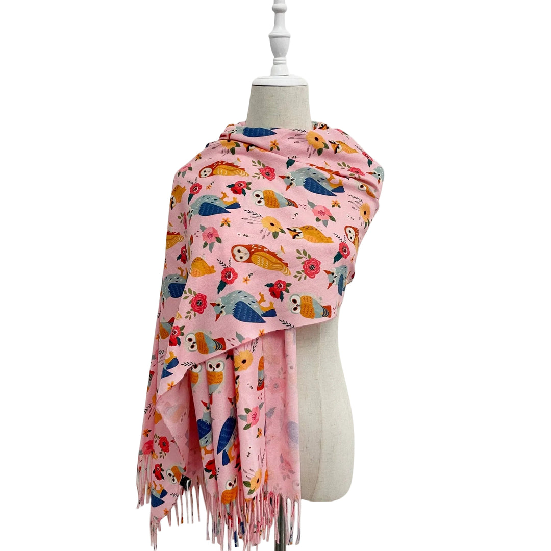 Owl & Floral Wool Tassel Scarf