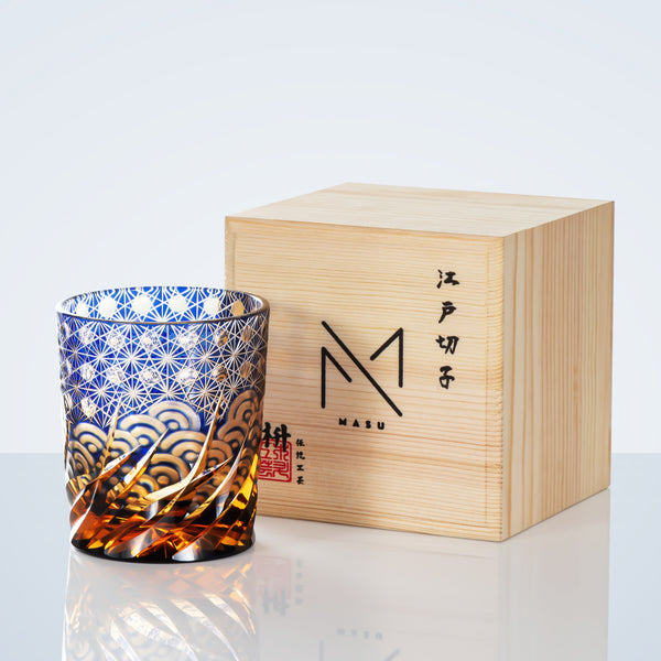 Edo Kiriko Handcrafted Blue Amber Whiskey Glass With Wooden Box- Amber Starry Sea