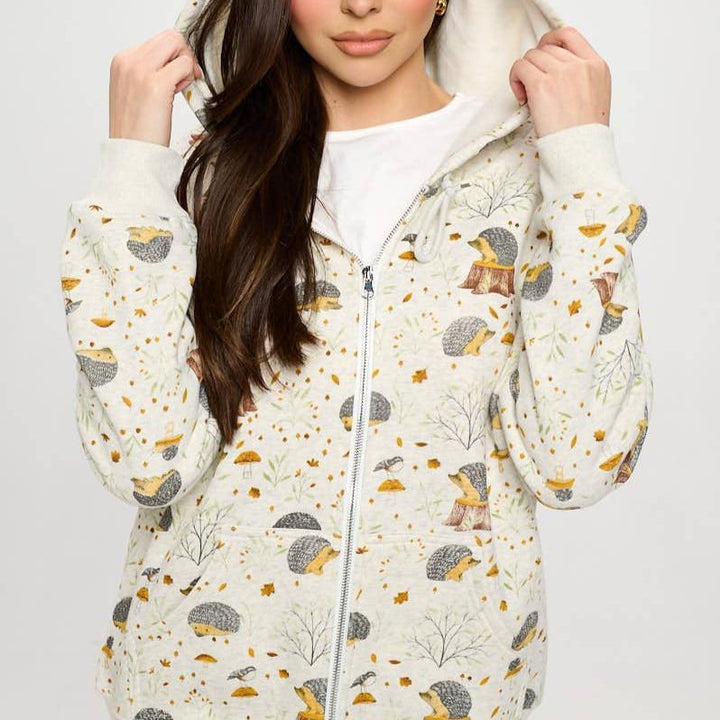 HEDGEHOG MUSHROOM PRINT ZIP UP HOODIE