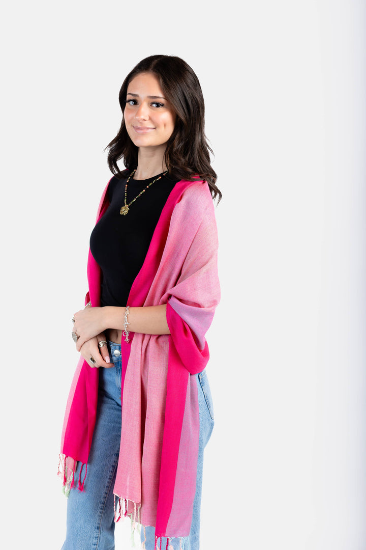 Wide Striped Handwoven Viscose Scarf - Pink & Fuchsia