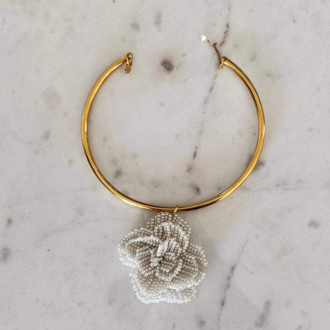 Genuine Pearl Beaded Floral Apliqué Choker