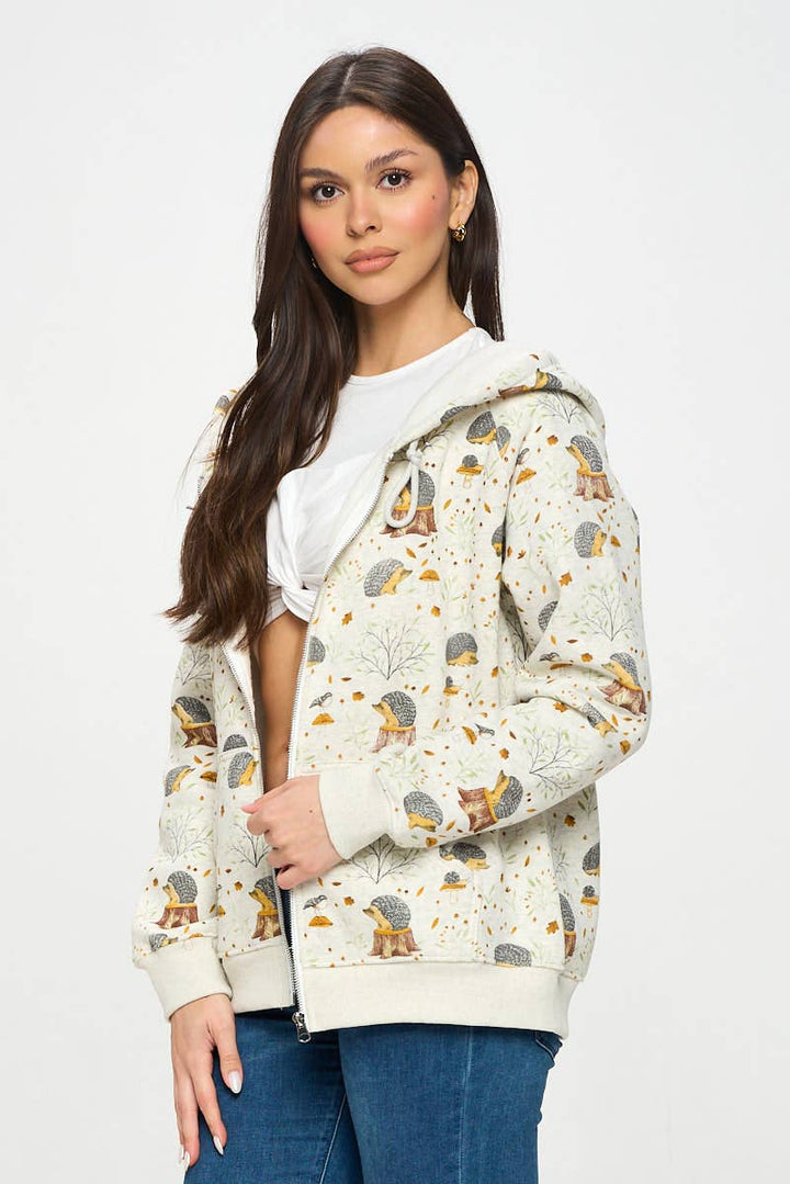 HEDGEHOG MUSHROOM PRINT ZIP UP HOODIE