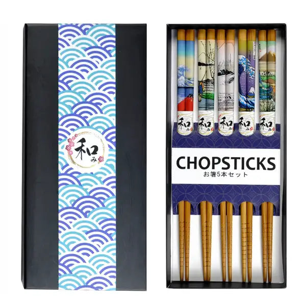5 Piece Chopsticks Set Hokusai Art with Gift Box