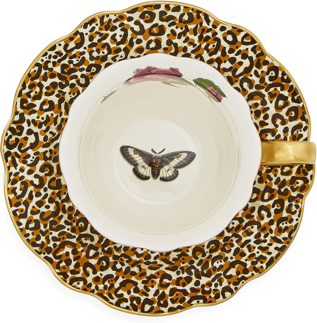 Spode Creatures of Curiosity Leopard Teacup and Saucer Set, White Floral Mug, Gold Fluted Trim