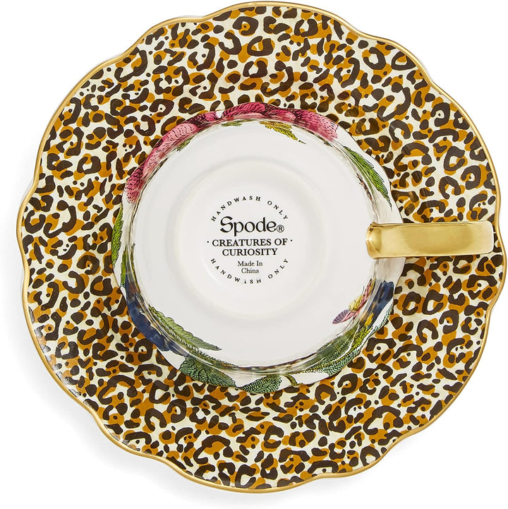 Spode Creatures of Curiosity Leopard Teacup and Saucer Set, White Floral Mug, Gold Fluted Trim