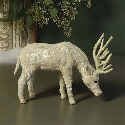 Scandinavian Stag Grazing - Hand Embroidered White