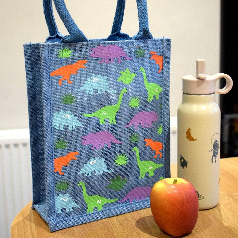 Jute Shopping Bag, Small, Dinosaurs Blue 20x25cm