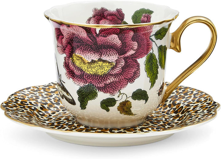 Spode Creatures of Curiosity Leopard Teacup and Saucer Set, White Floral Mug, Gold Fluted Trim