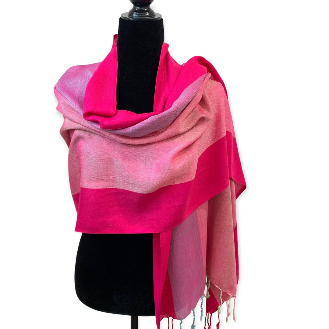 Wide Striped Handwoven Viscose Scarf - Pink & Fuchsia