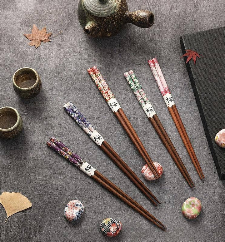 Set of 5 Pairs of Japanese Cherry Blossom Wooden Chopsticks and Rests