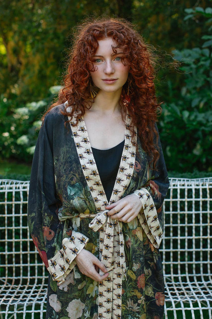 I Dream In Flowers Opera Duster Kimono Robe with Bees