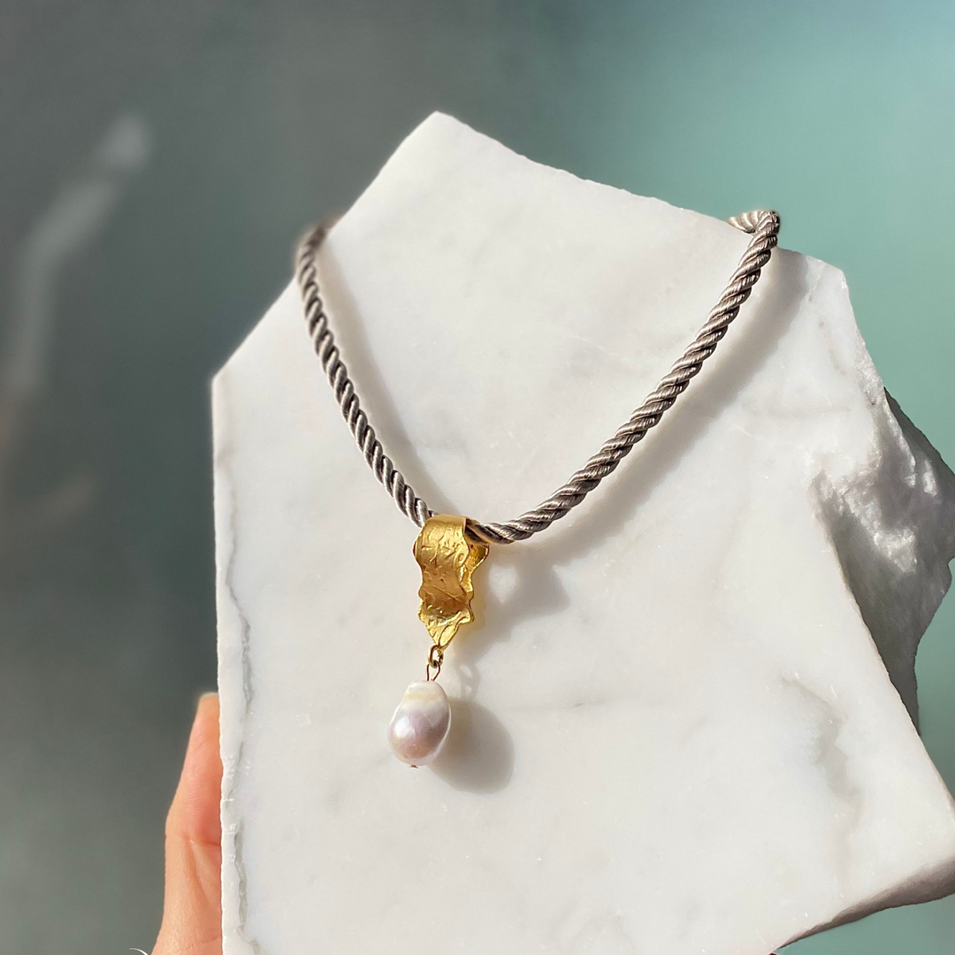 CLARITY Grey Silk Rope + Pearl Choker | Adjustable