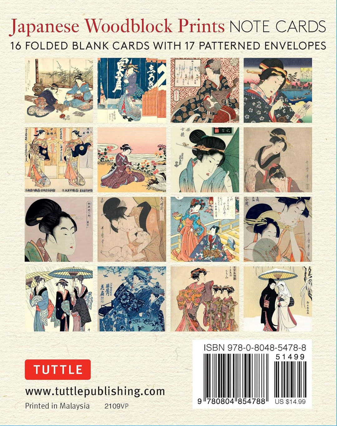 Japanese Woodblock Prints, 16 Note Cards: 16 Different Blank Cards with 17 Patterned Envelopes in a Keepsake Box