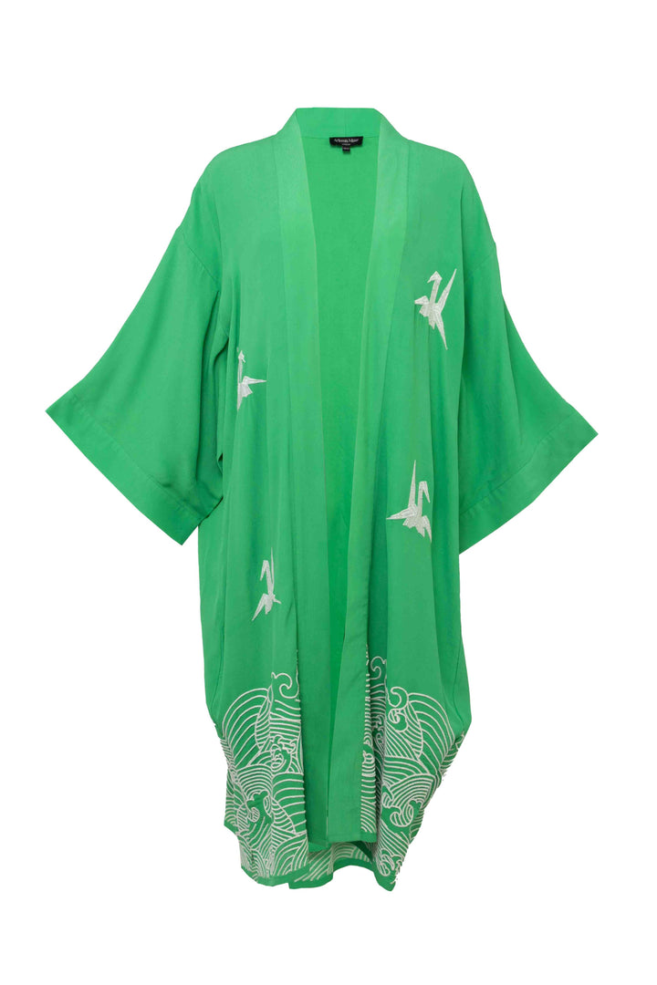 Origami and Hokusai Wave Embroidered Fully Lined Island Green Long Kimono
