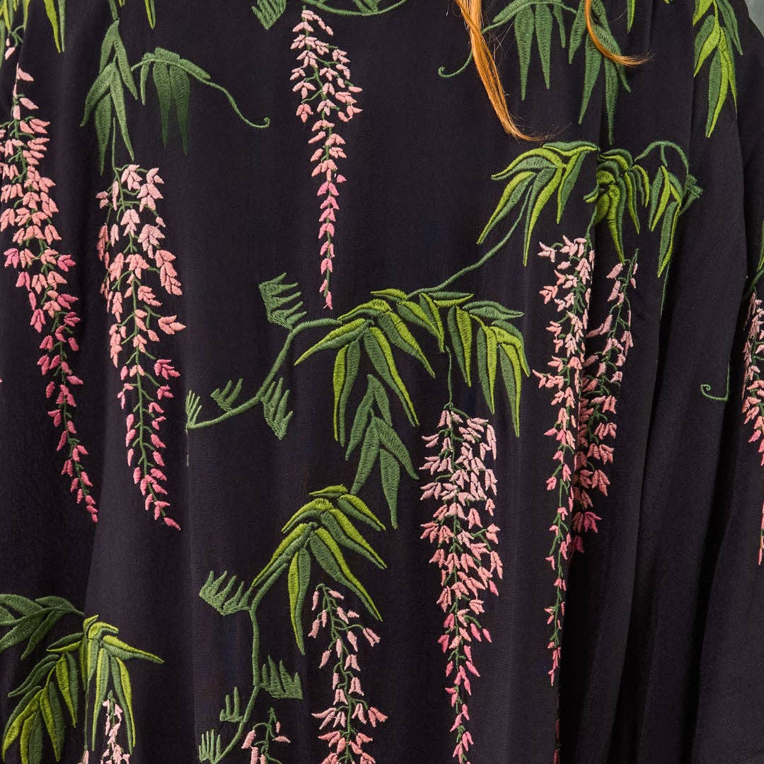 Wisteria & Chrysanthemum Embroidered Black & Pink Fully Lined Short Kimono